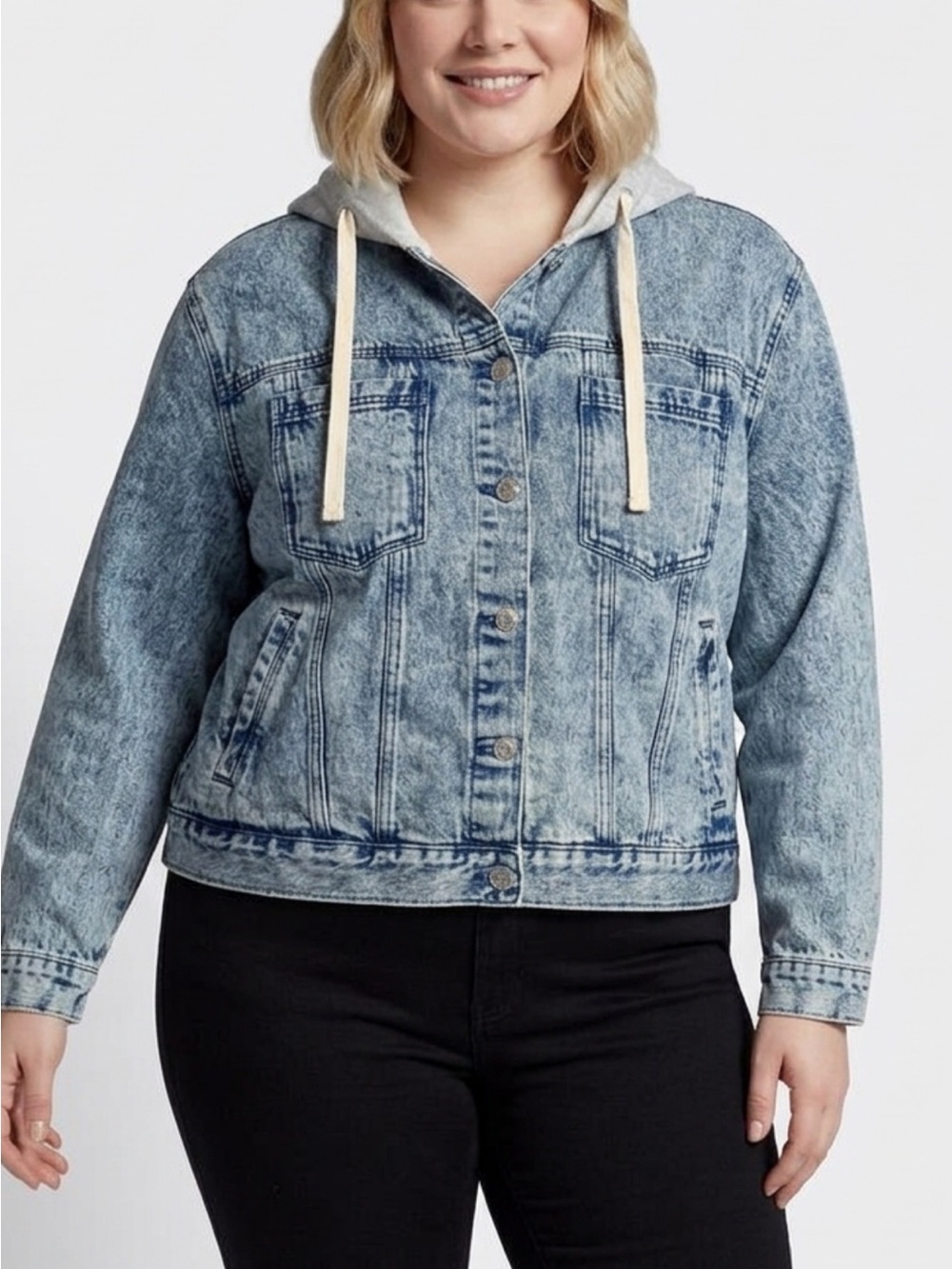 torrid Light Wash Denim Jacket with Gray Hood